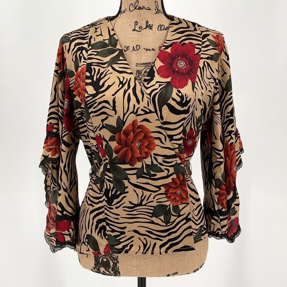 Spenser Jeremy Silk Lace‎ Trim Flutter Sleeve Wrap Top Floral Leopard Tan Medium